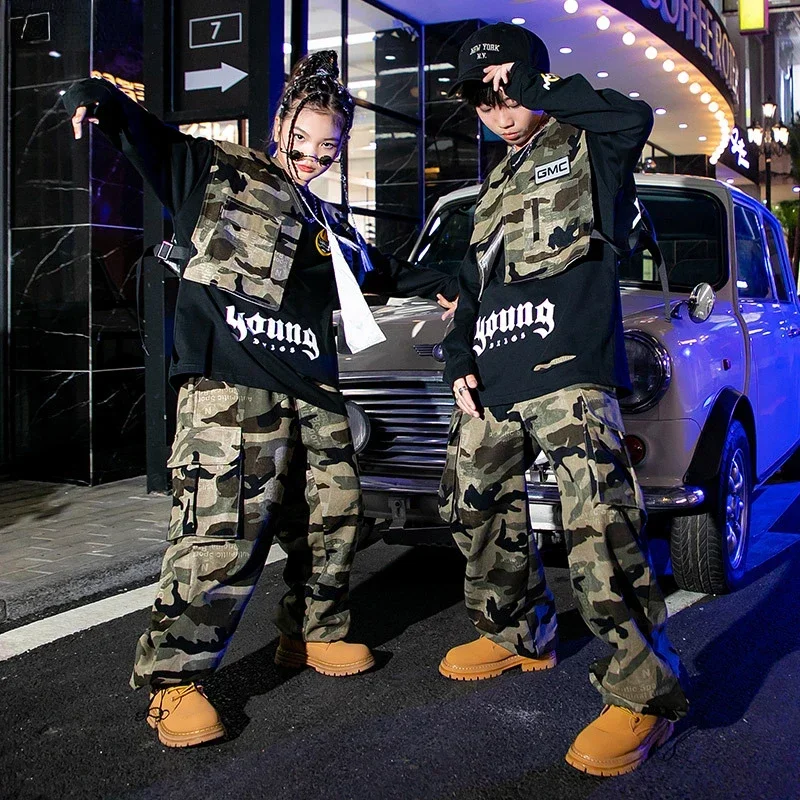 HN8 ボーイズストリートガールズヒップホップ迷彩ベストカーゴパンツ子供ミリタリージョガーストリートダンス子供衣装ティーンファッショ)4Dc