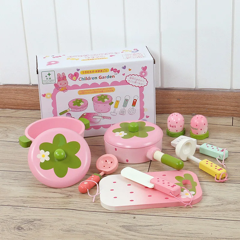 Children play house toys strawberry pink pot set wooden kitchen toys cooking pretend toys girls kids gifts