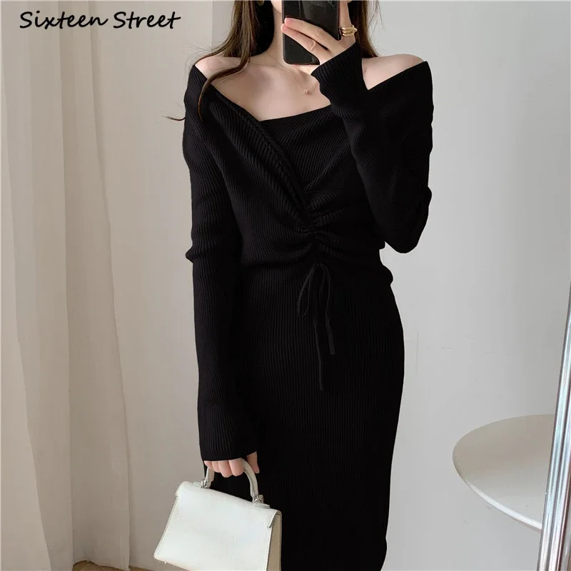 Khaki V-neck Drawstring Sweater Dress Female Autumn High Waisted Chic Elegant Knitted Vestido Street Winter Clothing Women