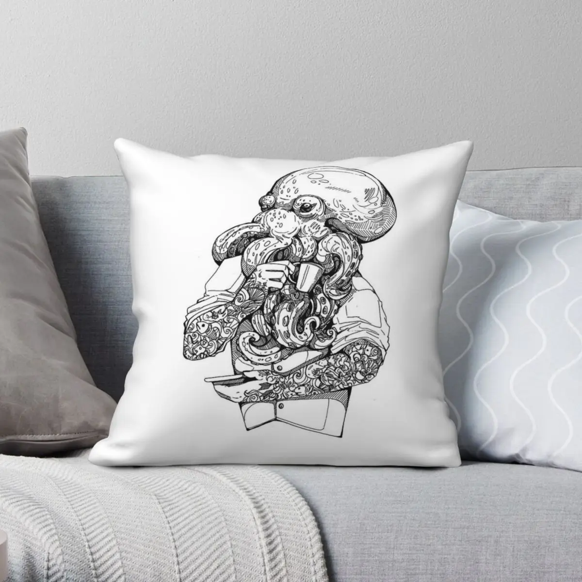 Octopus Time For Tea Square Pillowcase Polyester Linen Velvet Pattern Zip Decor Pillow Case Sofa Seater Cushion Case 45x45