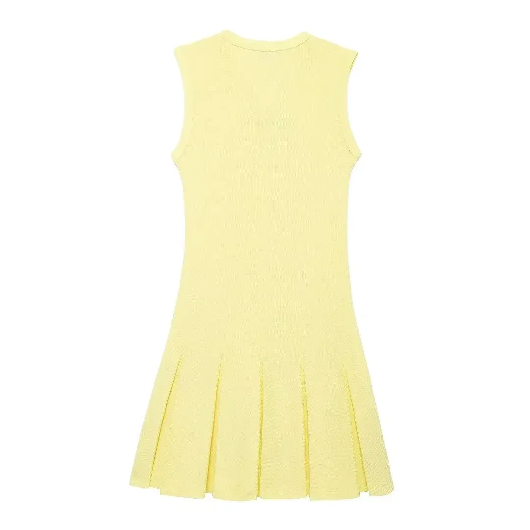 TRAF Women\'s Pale Yellow Knitted Pleated Dress Summer Fashion Pockets O-Neck Sleeveless A-line Mini Dress