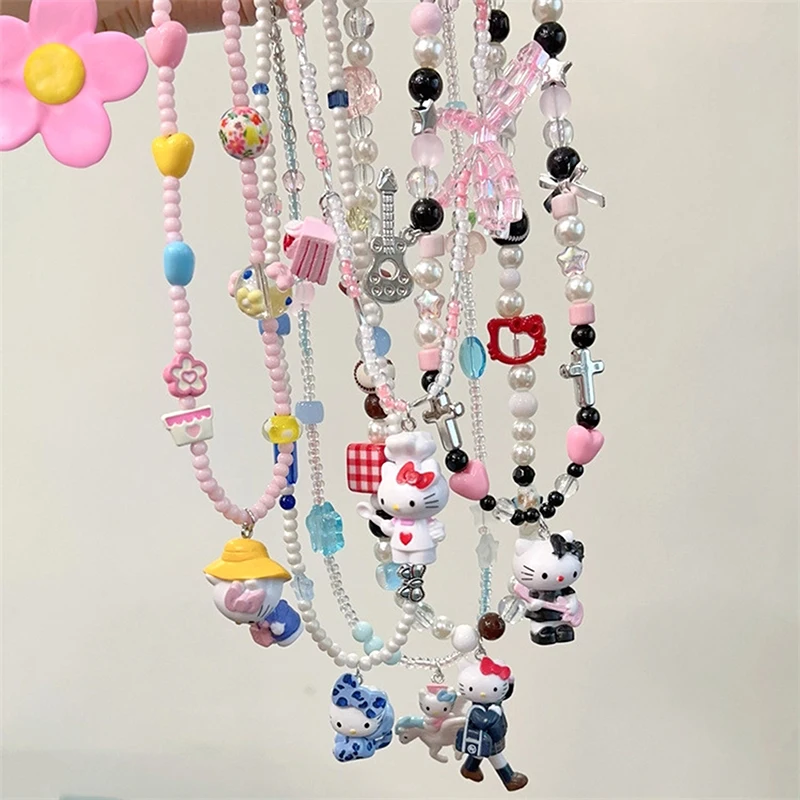헬로 키티 컬러 비드 목걸이 Sanrio KT 고양이 참 쇄골 체인 쥬얼리 짧은 목걸이 소녀의 선물