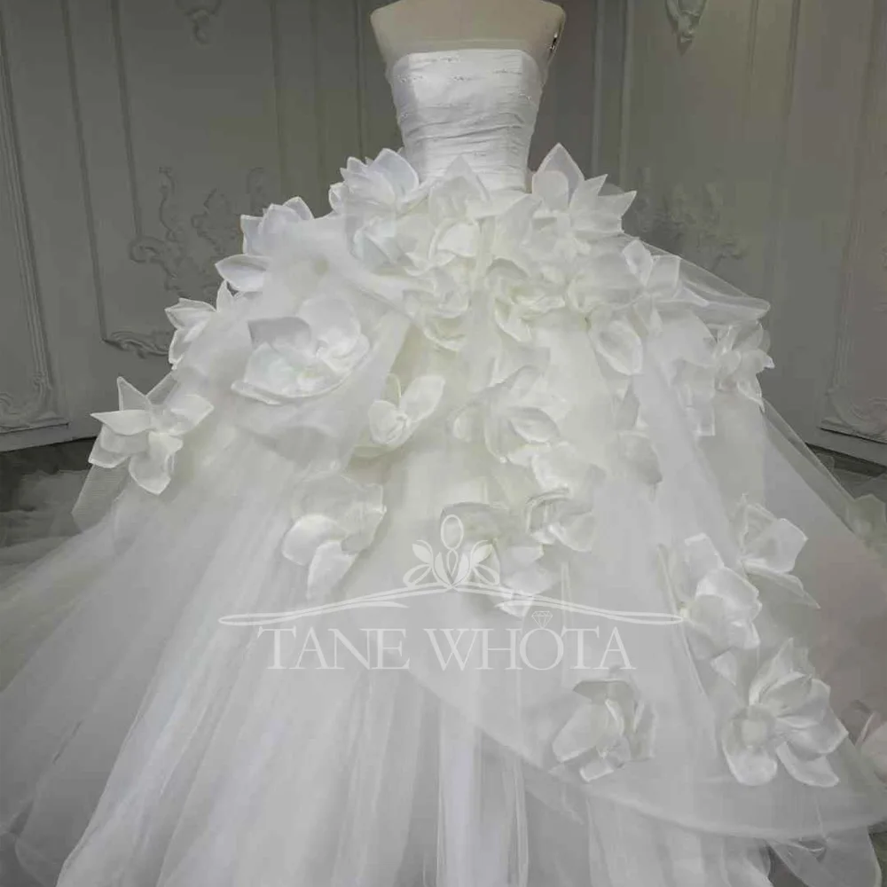 Robe De Mariée Femme Strapless Lace Up กลับหรูหราชุดบอลซาตินชุดแต่งงานดอกไม้