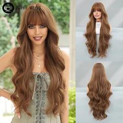 7JHH WIGS Loose Body Wave Brown Wig for Women Daily Use High Density Synthetic Super Length Hair Wigs with Neat Bangs Lolita Wig