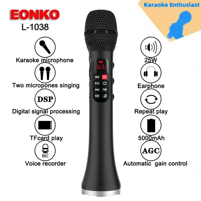 EONKO 25W Intelligent Wireless Bluetooth Karaoke Microphone L-1038 with TF TWS Recorder DSP 5000mah Battery,a 8GB Micro SD