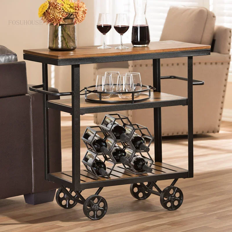 Retro Restaurant Dining Cart Solid Wood Hotel Wine Racks Household Kitchen Island Table Small Apartment Bar Trolley with Wheels