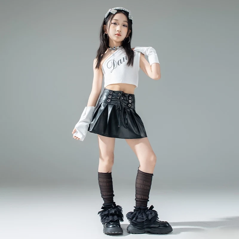 아동 의류 여름 재즈 댄스 의상 힙합 스트리트 댄스 착용 흰색 조끼 블랙 미니 스커트 소녀 Kpop 무대 복장 3383