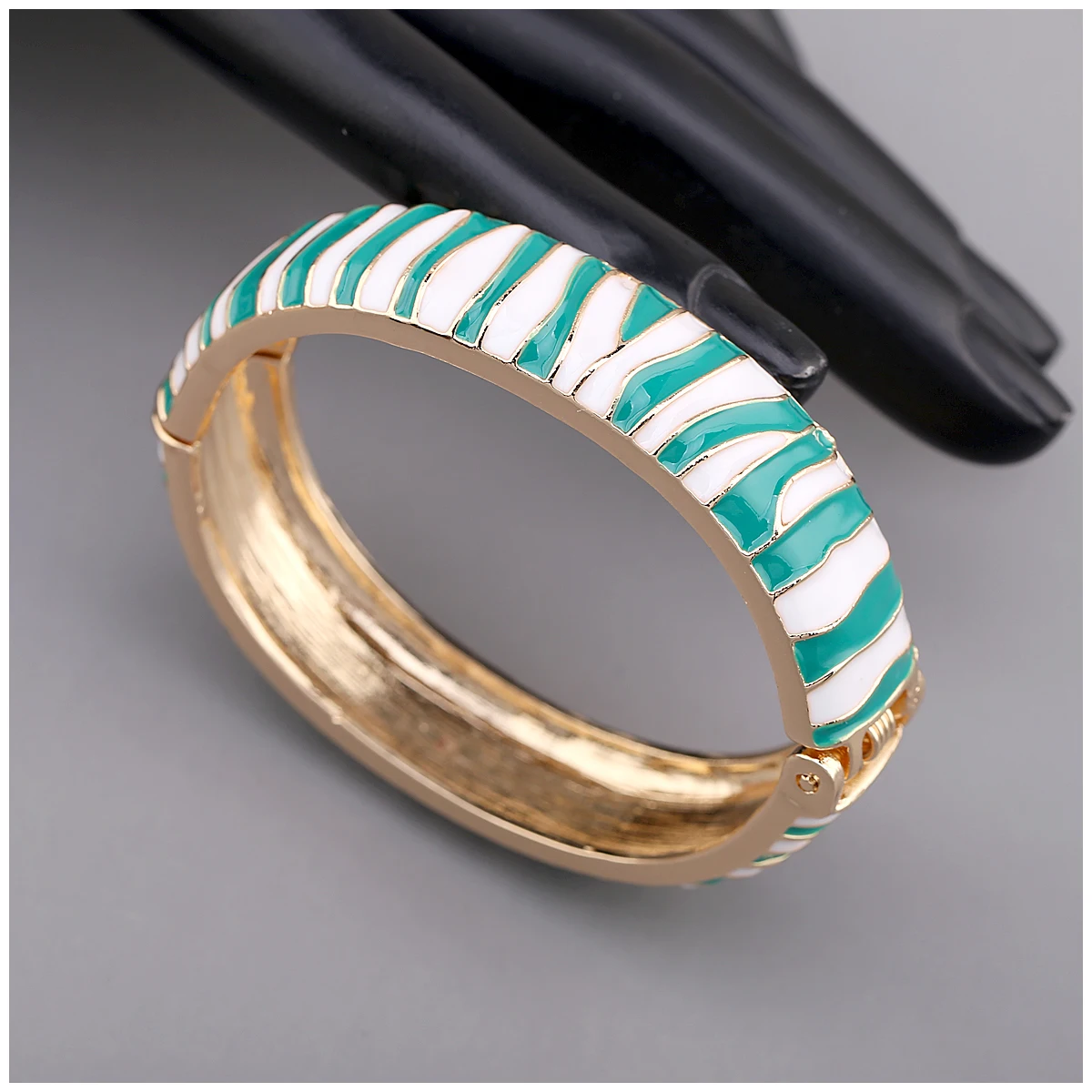 Multi Color Enameled Stripes Statement Bangle Cuff Bracelet for Women, Gold Plating Hinge Spring Chunky Bangles Fashion Jewelry