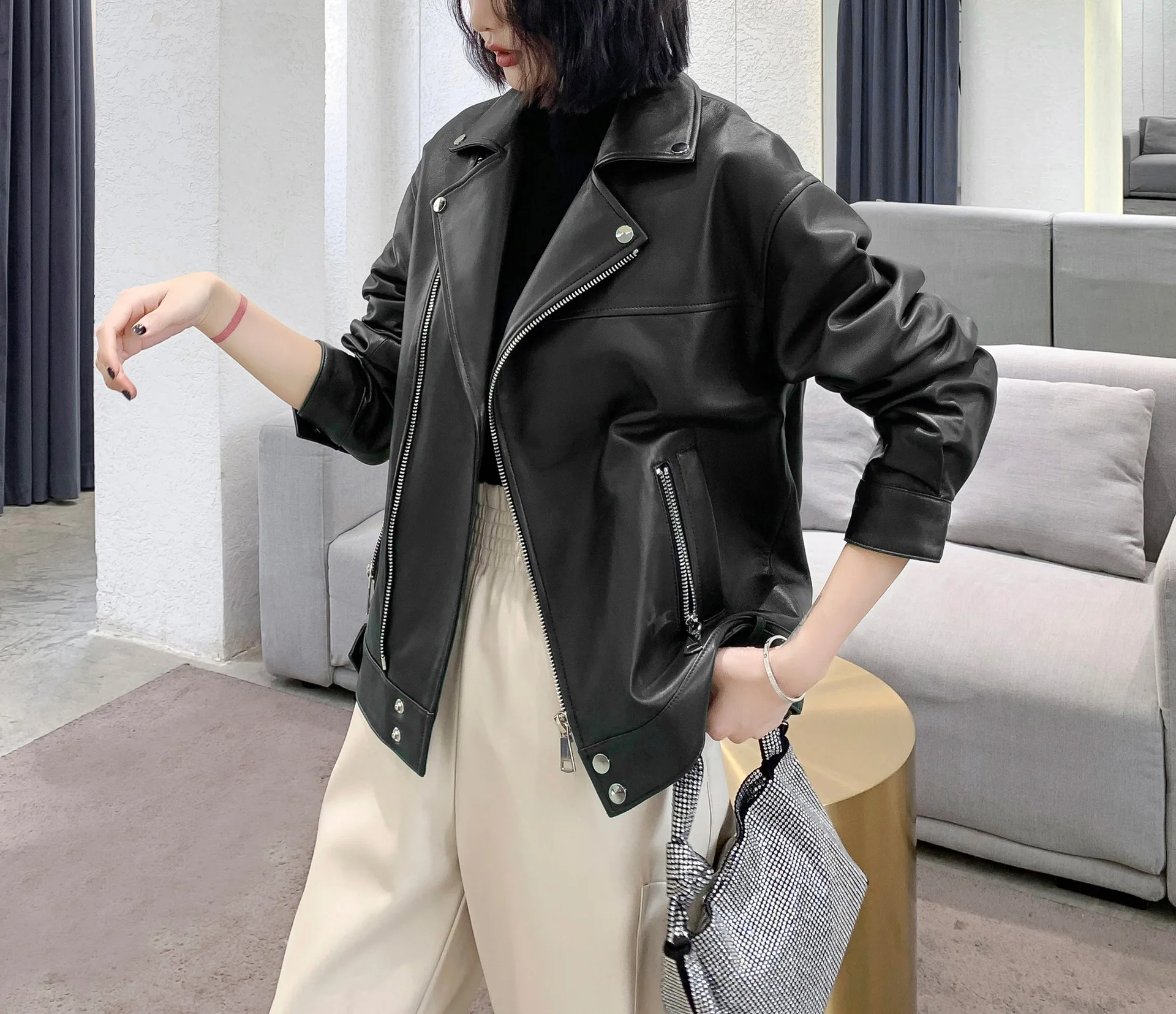 Women's Sheepskin Leather Jackets, Casual Lapel Coat, Drop Shoulder, Loose Temperament Outwear, Spring, Autumn