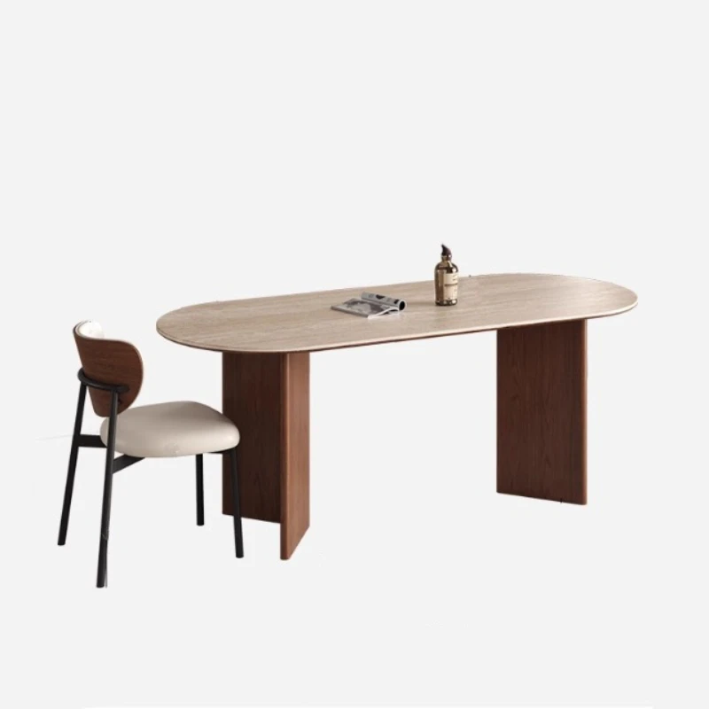 French retro solid wood slate dining table and chair combination Simple oval medieval style dining table