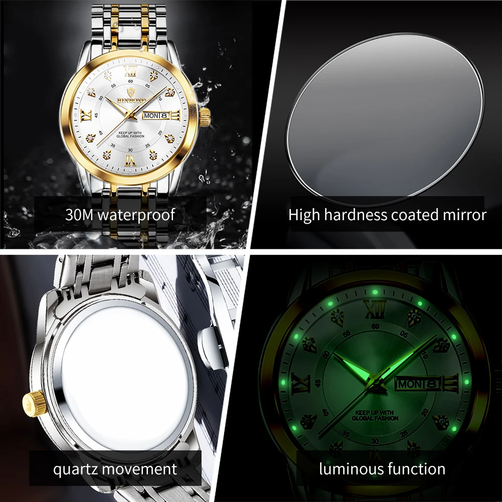 BINBOND ساعات رجالية 7169G موضة الأعمال ساعة كوارتز أصلية للرجل مقاوم للماء الفولاذ المقاوم للصدأ تاريخ الأسبوع مقياس مزدوج جديد