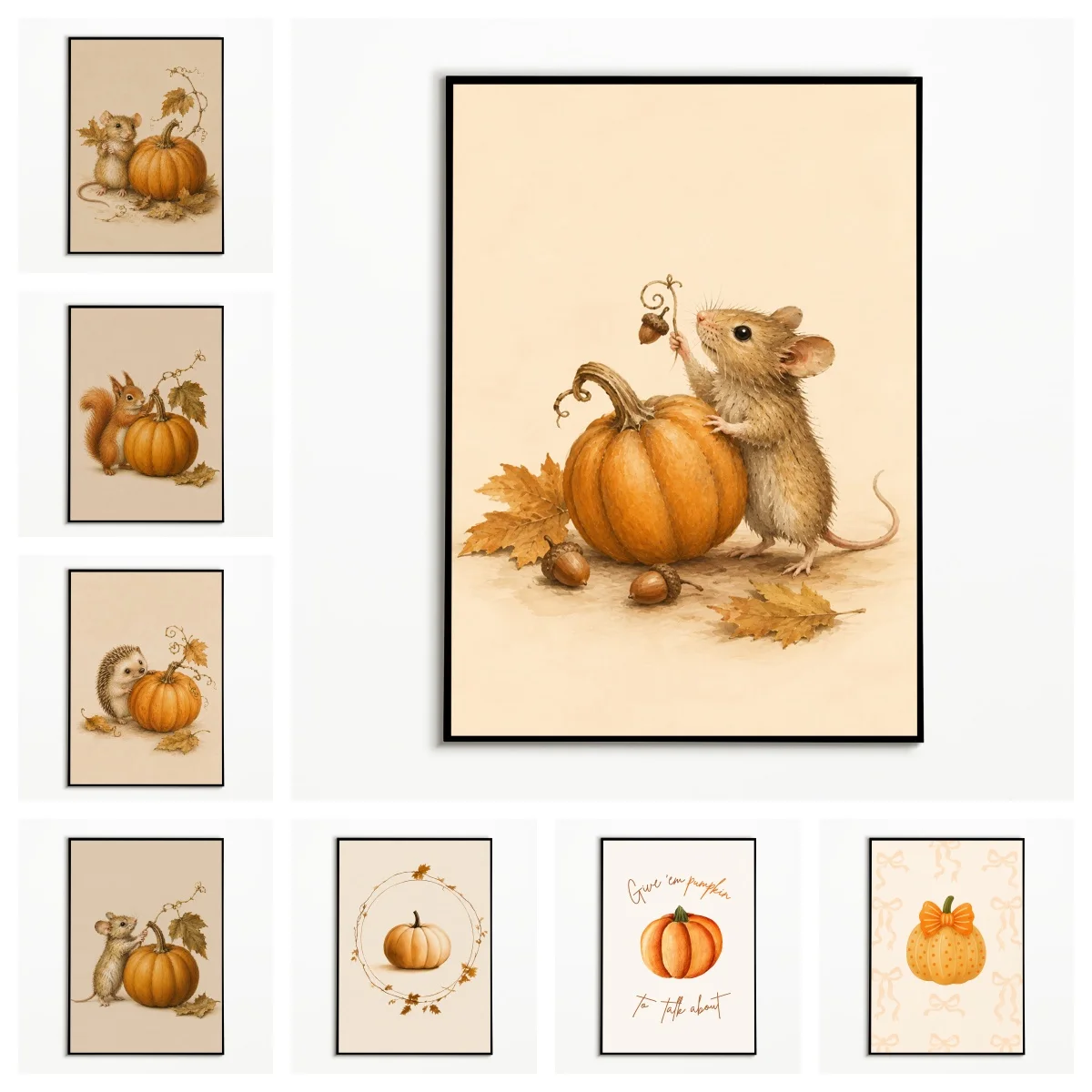 1pc frameless,1PC Autumn Animal Pumpkin Poster Cute Mice Squirrels Hedgehogs Wall Art Thanksgiving Retro Fruit Canvas Printing F