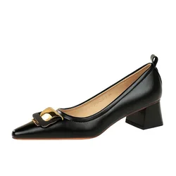 European and American Style Professional Women's Shoes With Shallow Mouth Small Square Toe Metal Buckle 4.5CM Thick Heel Shoes