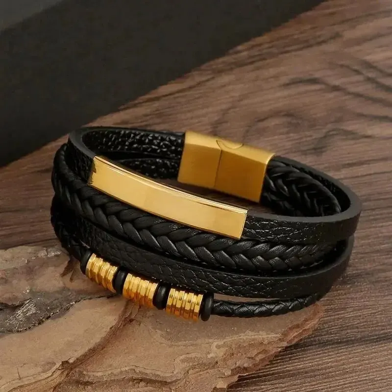 Multi Layers PU Leather Mens Magnut Closure Bracelet Waved Leather Gold Color Metal Tube Charm Fashion Mens Jewelry Hiphop