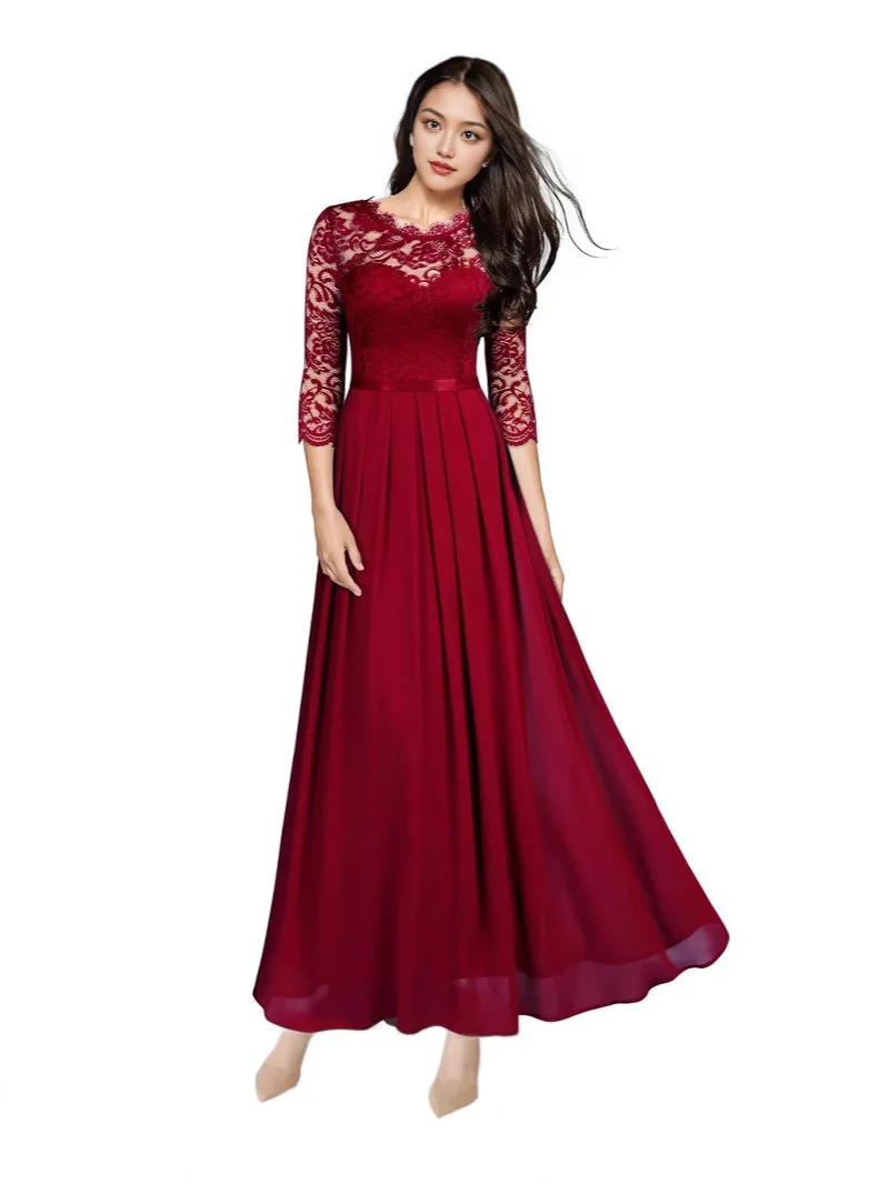 Lace Patchwork Chiffon Evening Dress Crew Neck Maxi Gown Sexy S-XXL