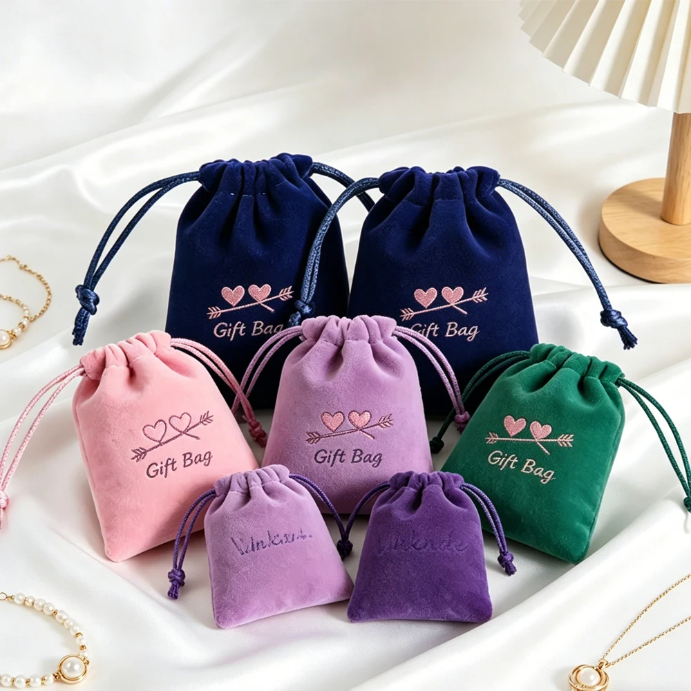 

100Pcs Custom Logo Velvet Drawstring Pouch Jewelry Packaging Gift Bag Makeup Earrings Ring Necklace Brooch Candy Oil Organizer
