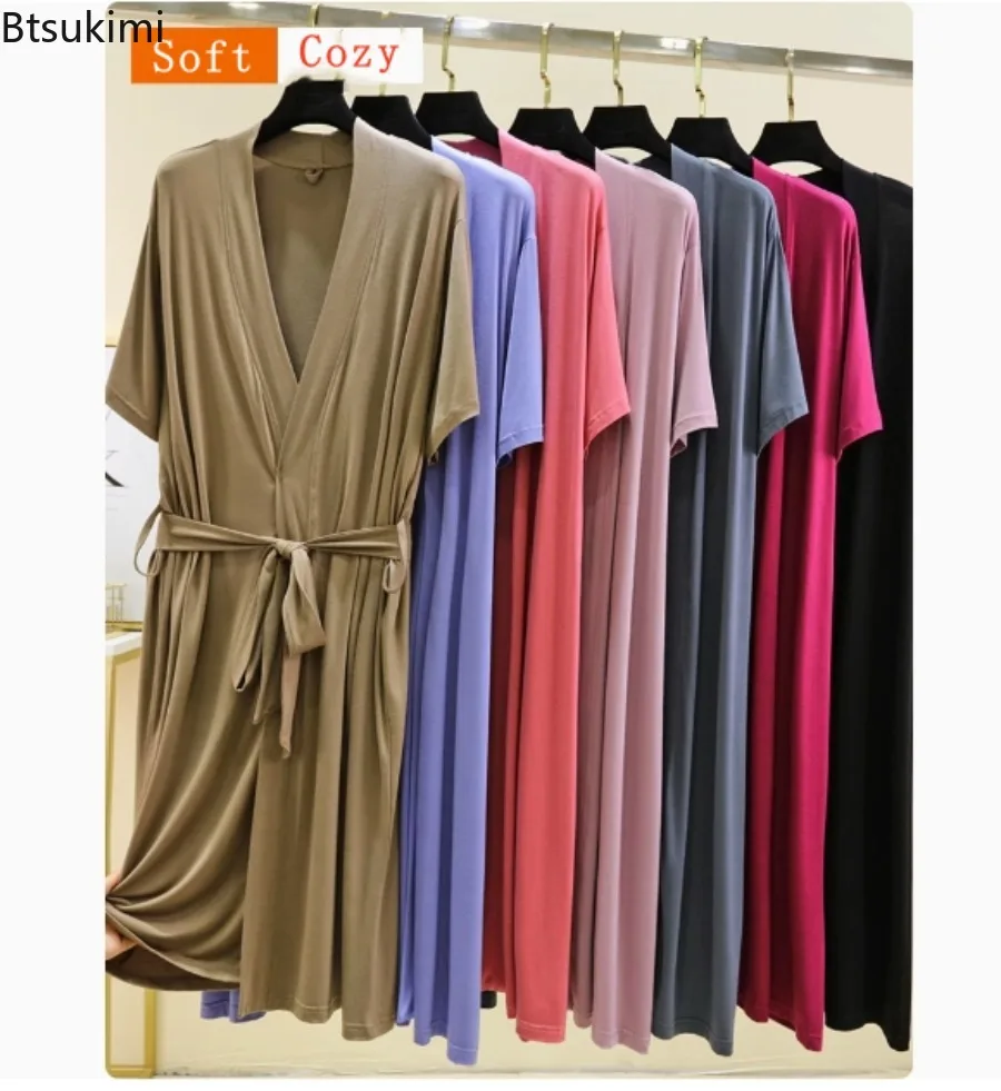 Soft Modal Robes for Women Summer Thin Short Sleeve Loose Bathrobes Solid Lace Up Nightgown Home Service Hotel Bath Robes Women