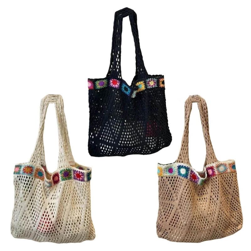 

652F Large Capacity Bohemian Crochet Knit Shoulder Bag Casual Beach Bags Hollow Handbag for Travel and Daily Use