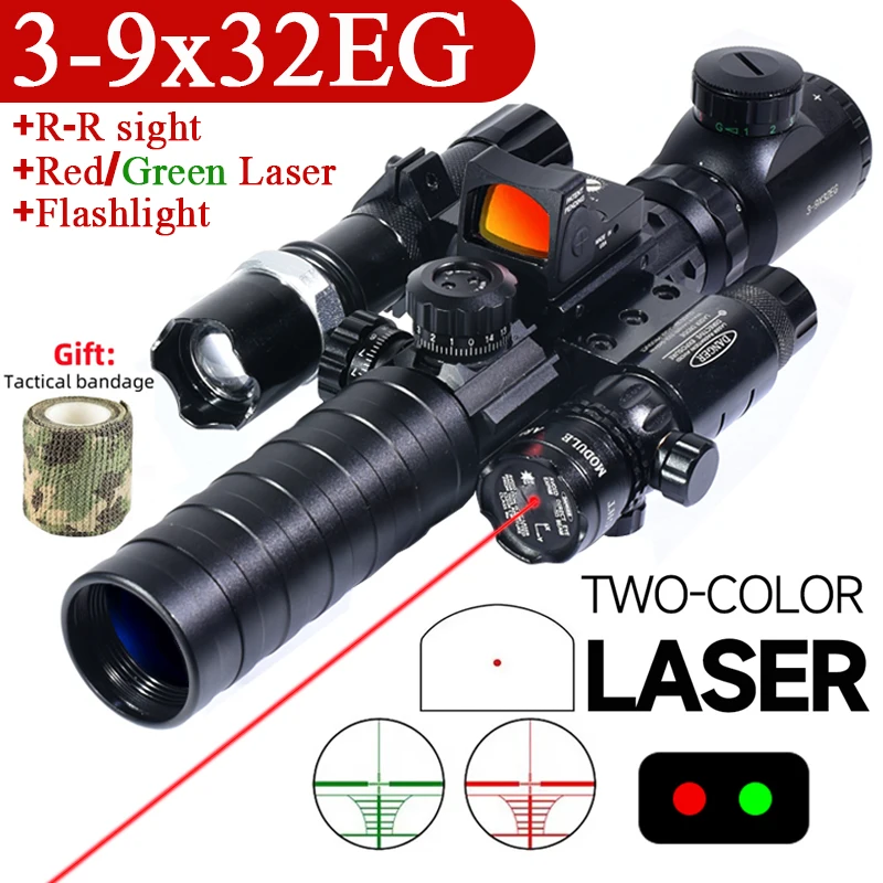 3-9X32EG نطاقات أحمر/أخضر لونين متقاطع Riflescope ريد دوت ليزر ومصباح يدوي في الهواء الطلق التكتيكية البصرية كومبو الصيد #1
