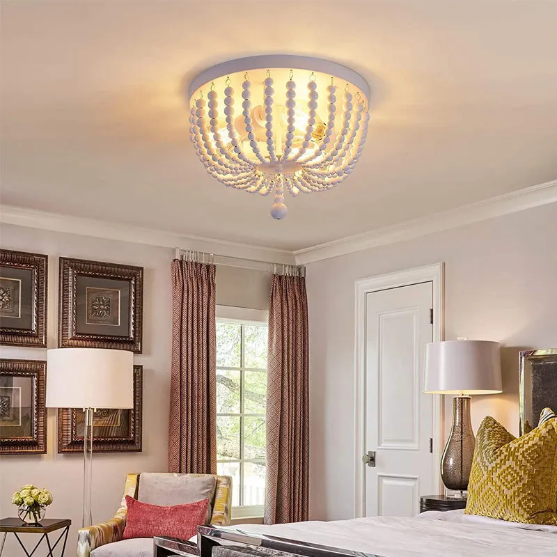 

American Country Ceiling Light Vintage Bohemian Wood Bead Lamp for Bedroom