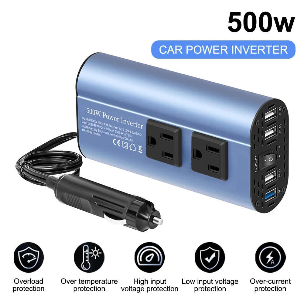 

500W Car Power Inverter DC 12V To AC 110V 220V Improved Modified Sine Wave Power Adapter 4 USB Fast Charging Universal EU Plug