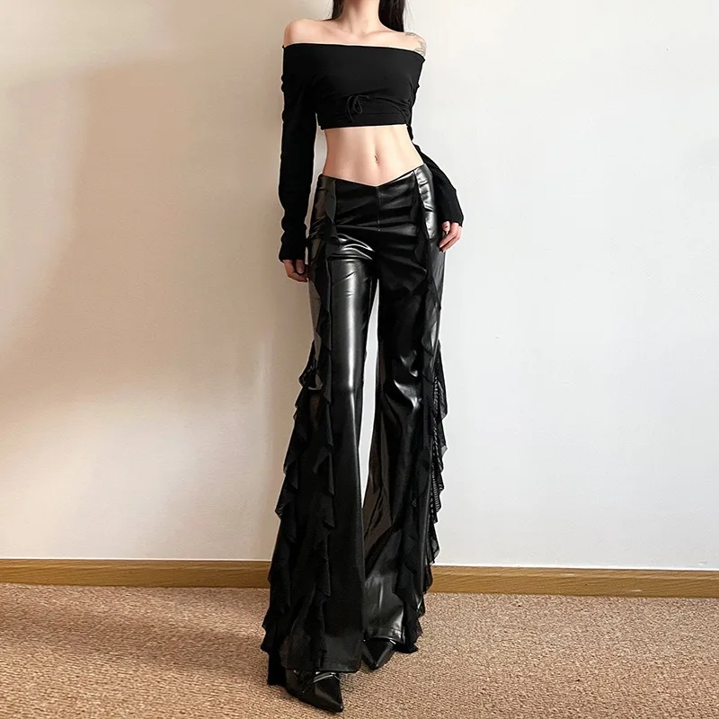 2026 Spring/Summer High Waist Street Fashion Spice Girl Mesh Splicing Design Women's Leather Pants