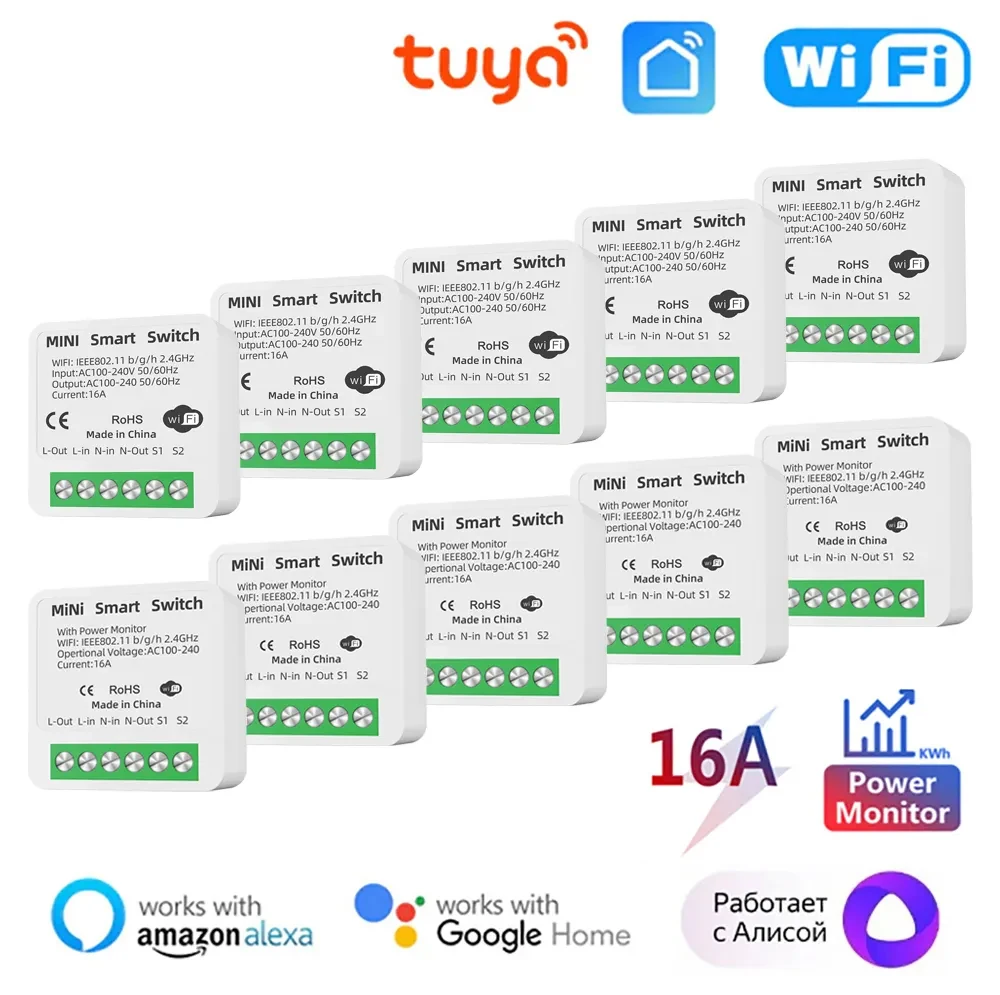 

16A Tuya Wi-Fi Smart Switch 2-стороннее управление с переключателем энергонитора Мини-умный выключатель Smart Life Control Alexa через Google Home