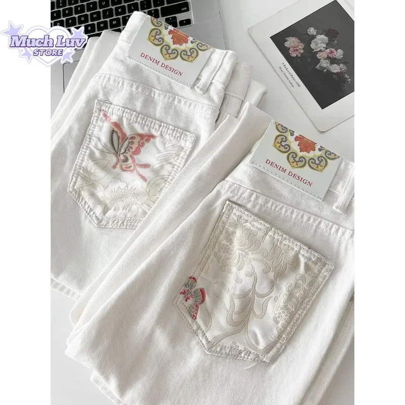 New Chinese Style Butterfly Embroidered Loose Leg Jeans Summer Fashion Trend Casual and Comfortable Pure Cotton Couple Pants