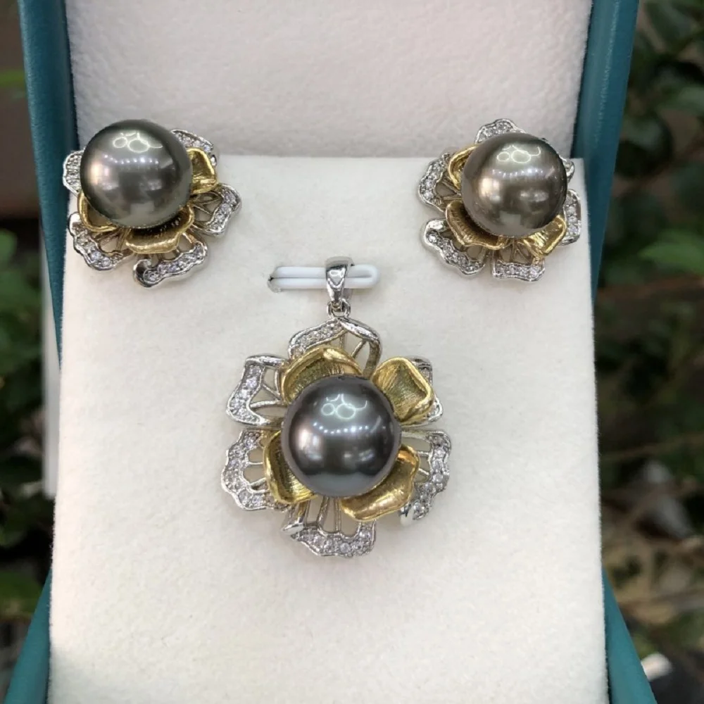 Camellia Micro inlaid Zircon Pearl AAAA10-11mm Natural Tahitian Round Pearl Earnail+Pendant 18inch Set 925s