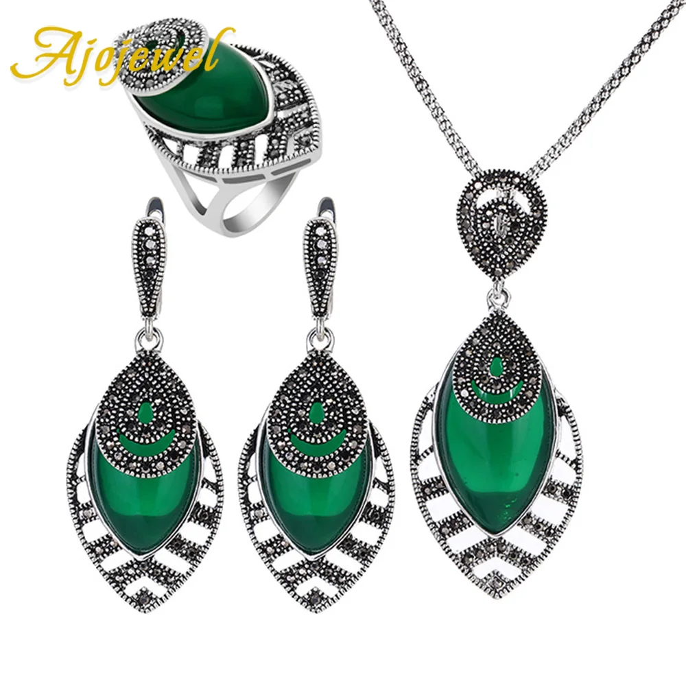 Ajojewel 3 Colors Retro Stone Jewelry Sets For Women Geometric Pendant Necklace Ring Earrings With Black CZ