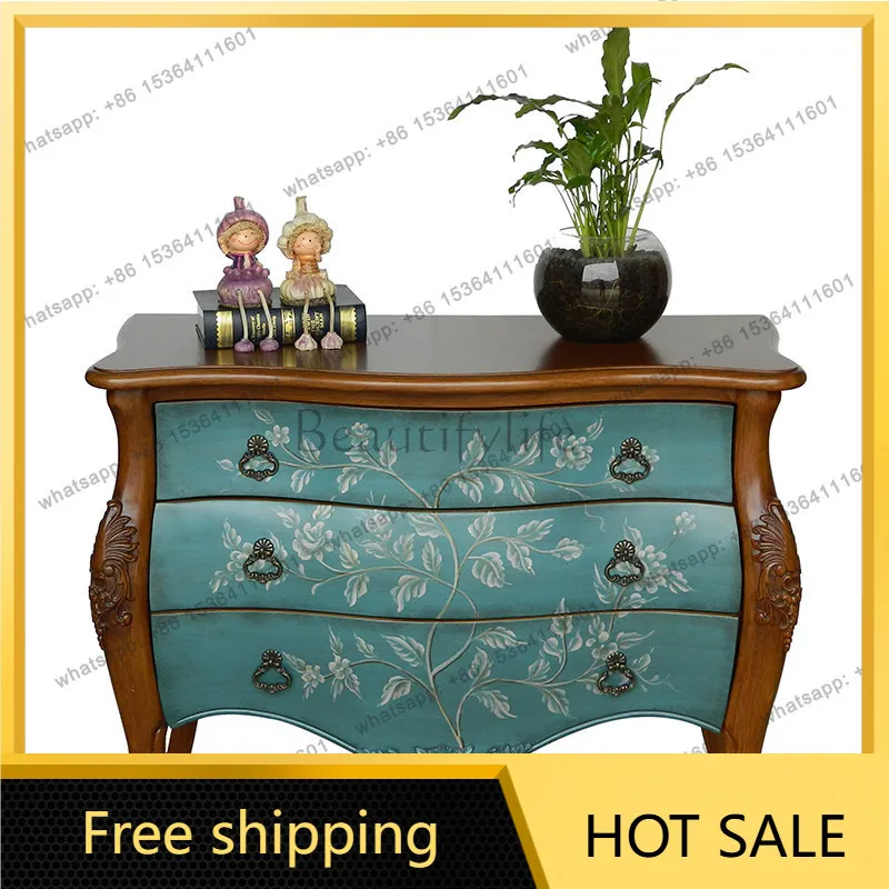 XX. American style, living room decorative furniture Mediterranean painted side cabinet retro three-bucket cabinet