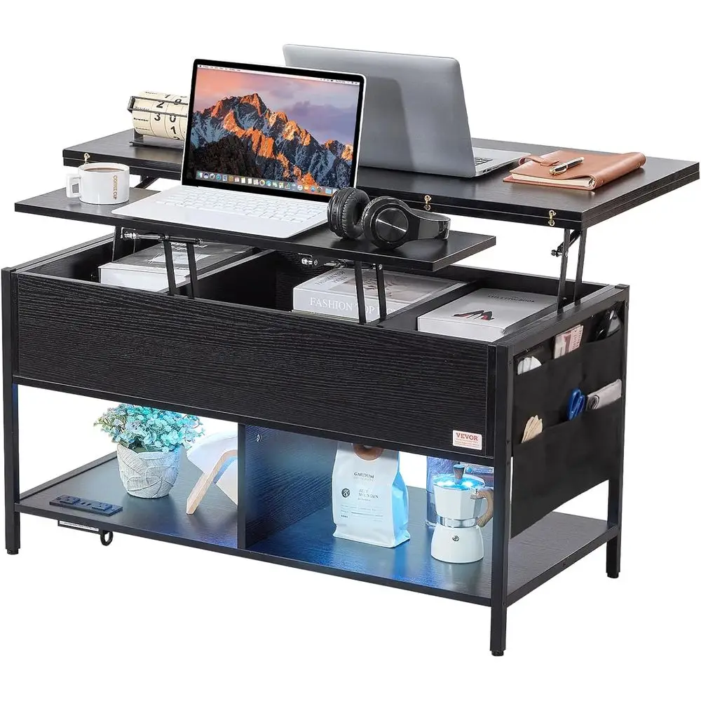 

Multi-Functional 4-in-1 Coffee Table with Storage, Power Outlet, USB Ports, and LED Light for Living Room or Home Office
