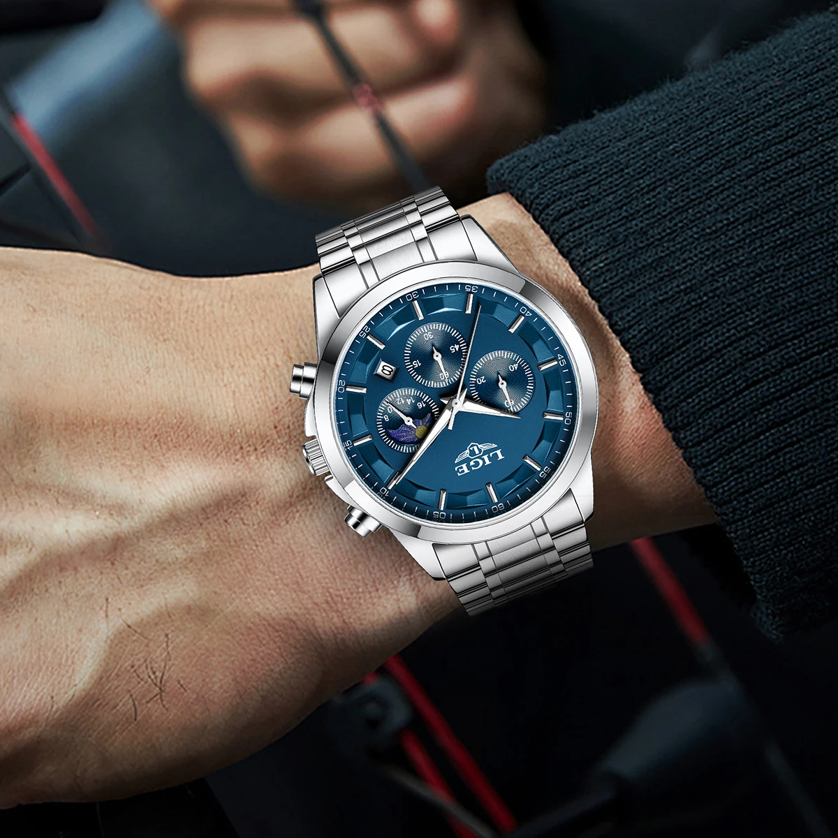 LIGE Luxury Fashion Quartz Man Watch Classic Business Auto Date Gentlemen Steel Band Moon Phase Waterproof Watches for Men Male view 5