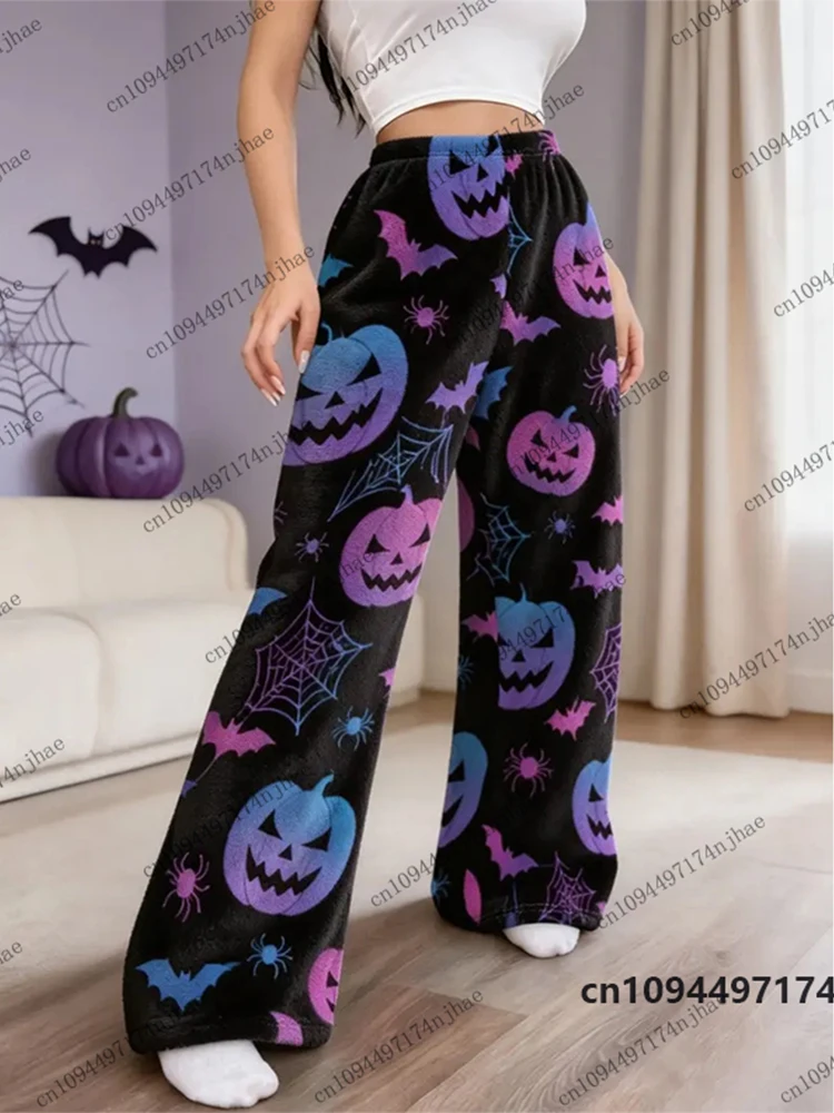 2026 Halloween Spooky Pumpkin Spider Web & Bat Print Women‘s Pajama Trousers Casual Flannel Pajama Pants Couple Long Pants
