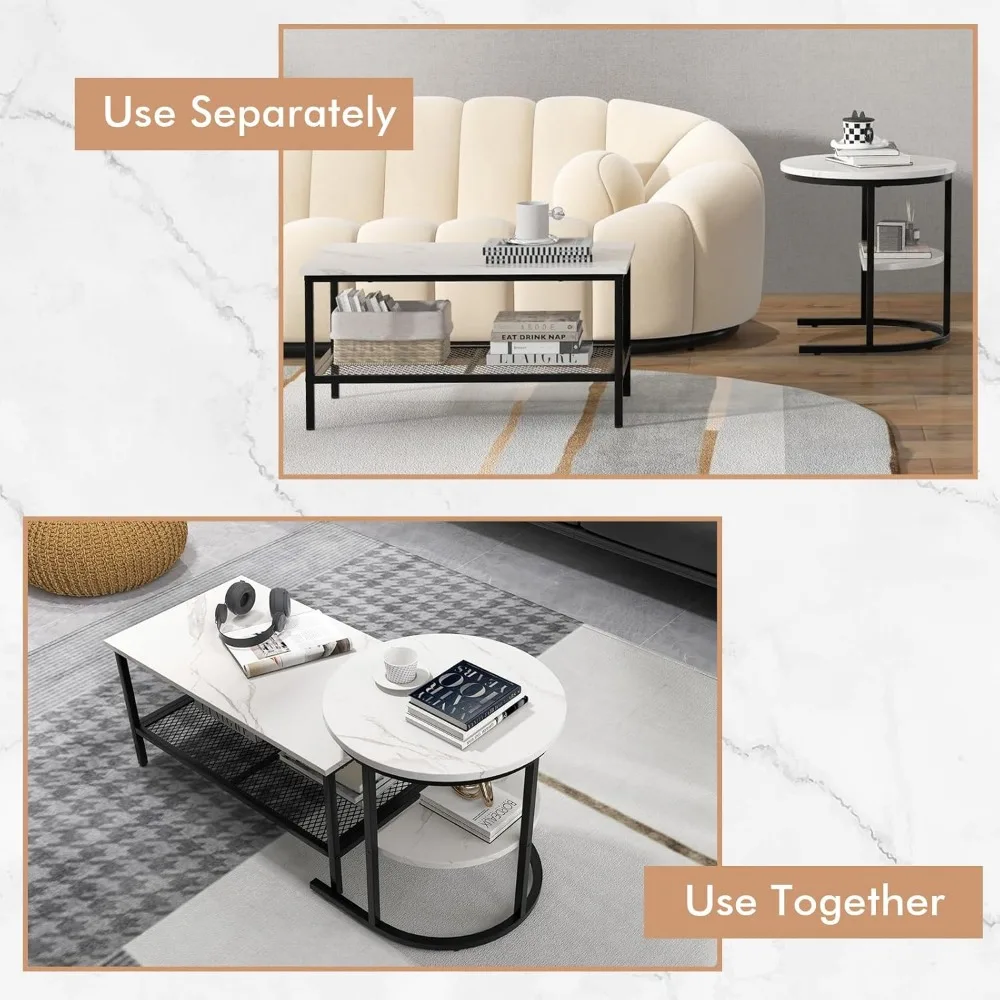 Nesting Coffee Table Set of 2, Detachable Rectangular Table & Round Table Set w/White Faux Marble Print,Sturdy Black Metal Frame