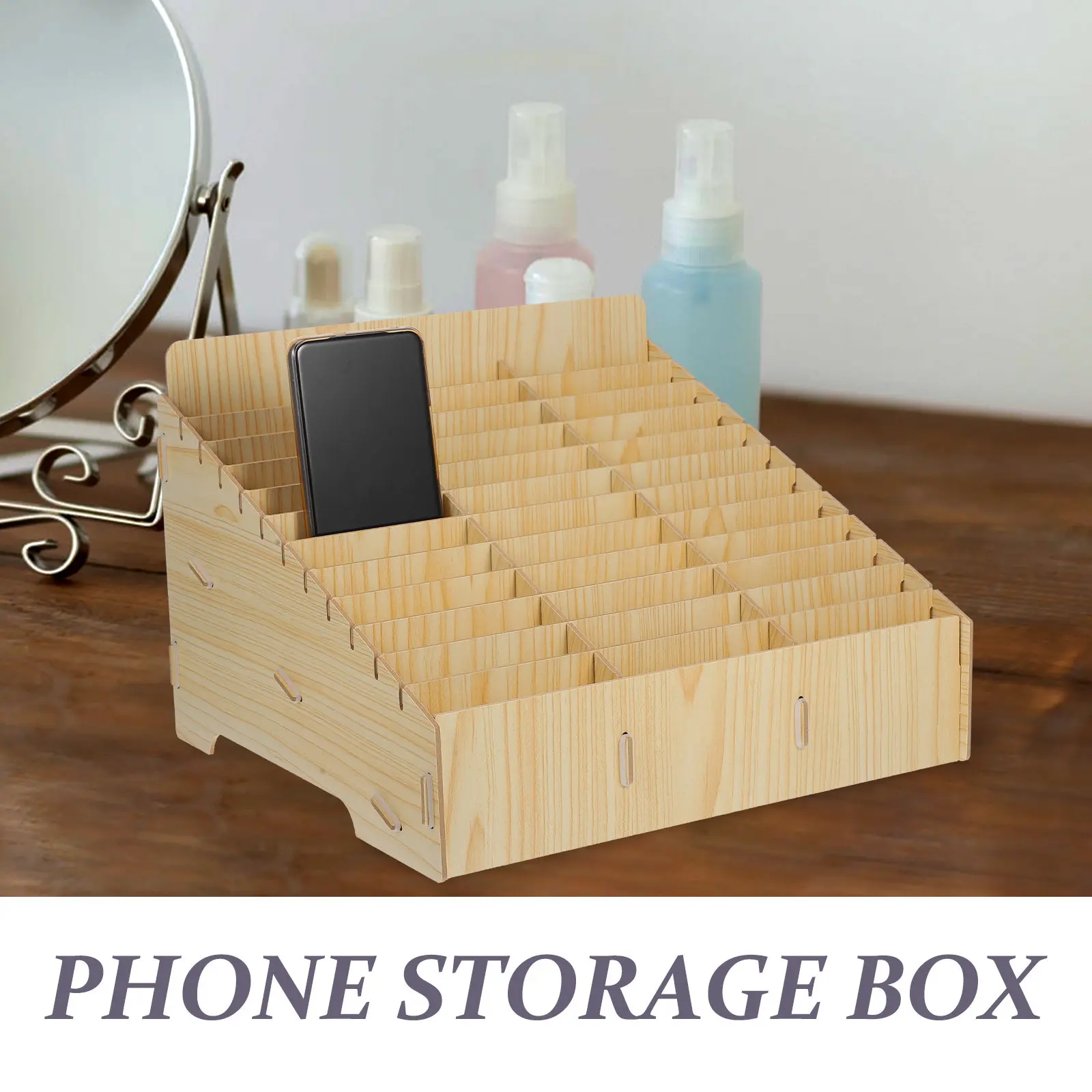 Wooden Multi-Grid Phone Organizing Box Office Classroom Desktop Mobile Phone Storage Case Cellphone Holder Display Box