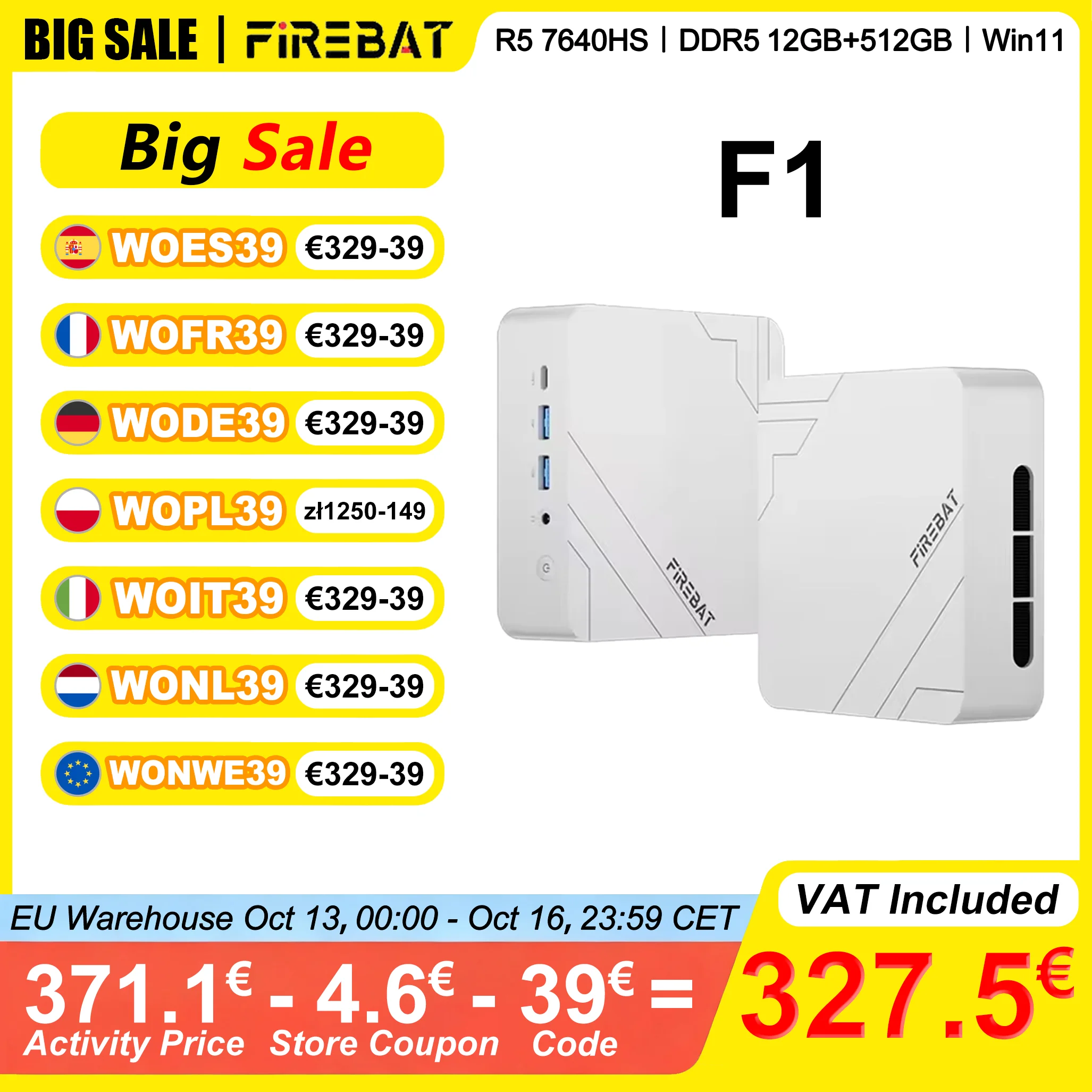 Firebat F1 Mini-PC AMD Ryzen 5 7640HS DDR5 12GB RAM 512GB SSD Windows 11 WiFi6 Bluetooth5.2 USB4.0 6 Kerne 12 Threads