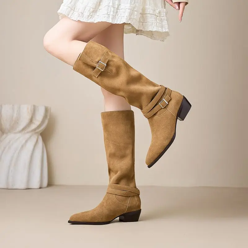 MORAZORA Size 34-43 Cow Suede Leather Knee High Boots Women Buckle Square Mid Heels Autumn Winter Motorcycle Boots Retro Shoes