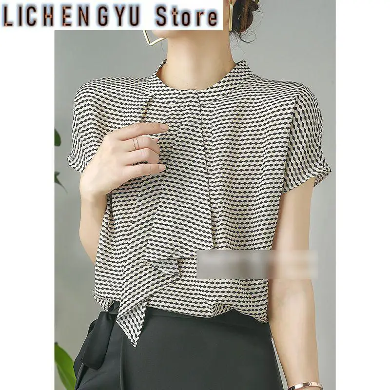 

Полосатая шифоновая рубашка, женская модная свободная французская шикарная рубашка с короткими рукавами, женский топ, закрывающий живот