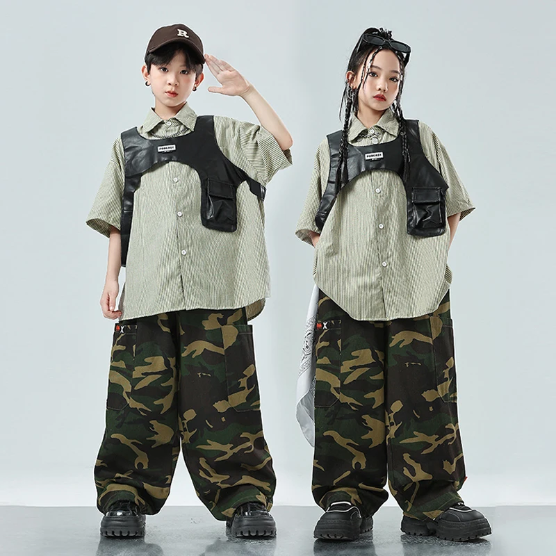 Cool Hip Hop Costume di danza per bambini Pantaloni mimetici Camicia oversize Street Dance Performance Wear Ragazzi Ragazze Jazz Outfit VDL3470