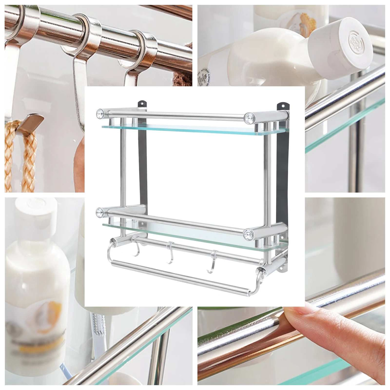 Towel Rack 3 Tier Wall Mounted Bathroom Storage Glass Shelf with Towel Bar