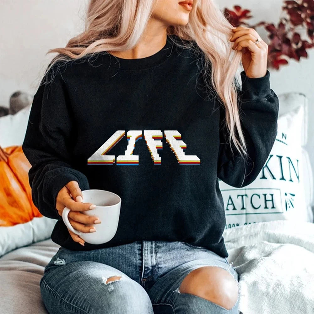 Glitch Life Sweatshirt Colorful LIFE Text Print Casual Loose Long Sleeved Autumn Unique Trendy Vibe Relaxing Comfortable Top