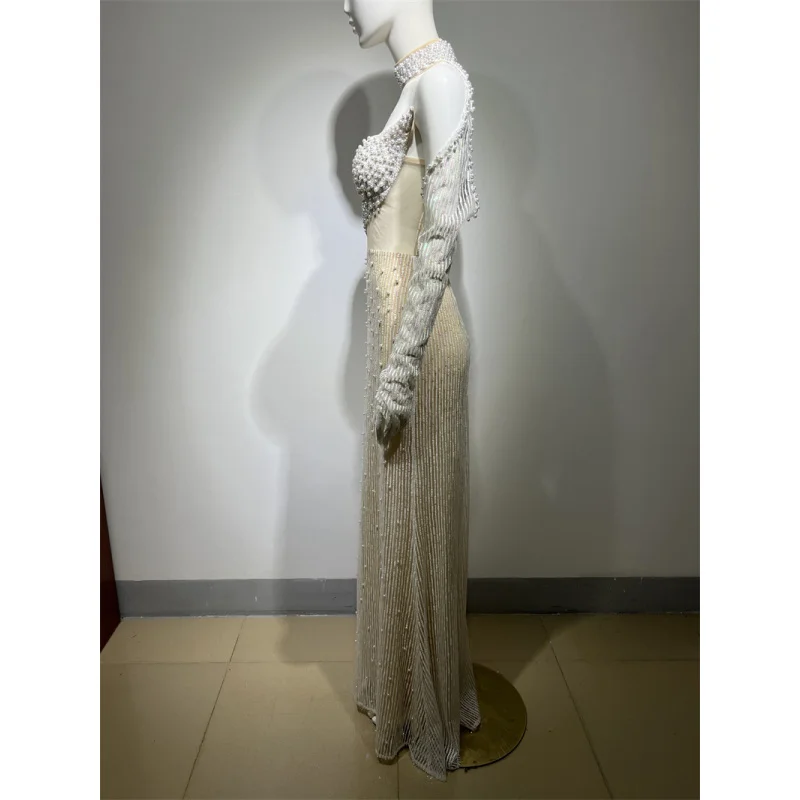2025New Arrival Beaded Sequin Sexy Sheer High Slit Long Sleeve Dress Engagement Party Evening Gown