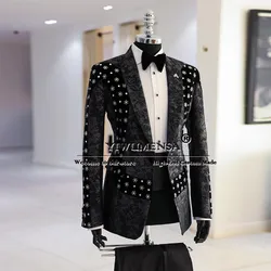 Classic Jacquard Suit Men For Wedding Handmade Beaded Jacket Waistband Pants 3 Piece Formal Groom Tuxedos Tailored Male Clothing