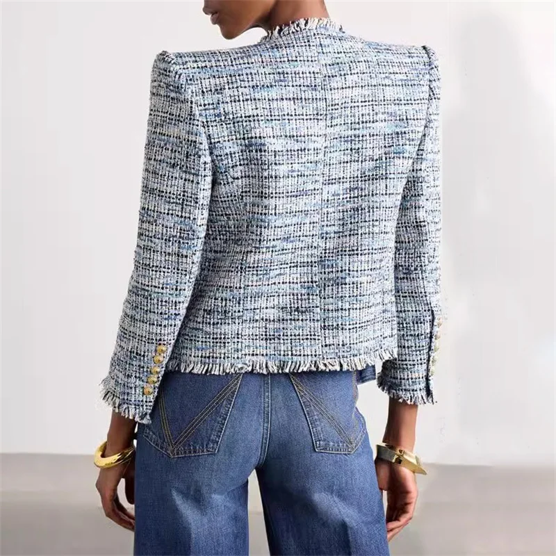 Women's jackets New blue and white woven tassel Women's coat for spring 2025 Double breasted slim fit women's long sleeved top