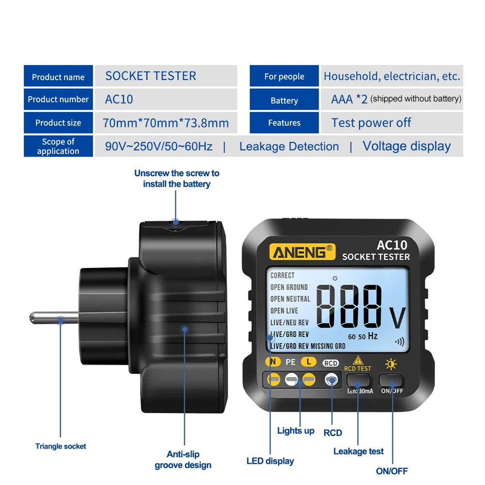 ANENG AC10 Socket Tester Plug Detector Zero Fire Line Polarity Phase Check Phase Detector US/EU Plug Multimeter Digital Tester