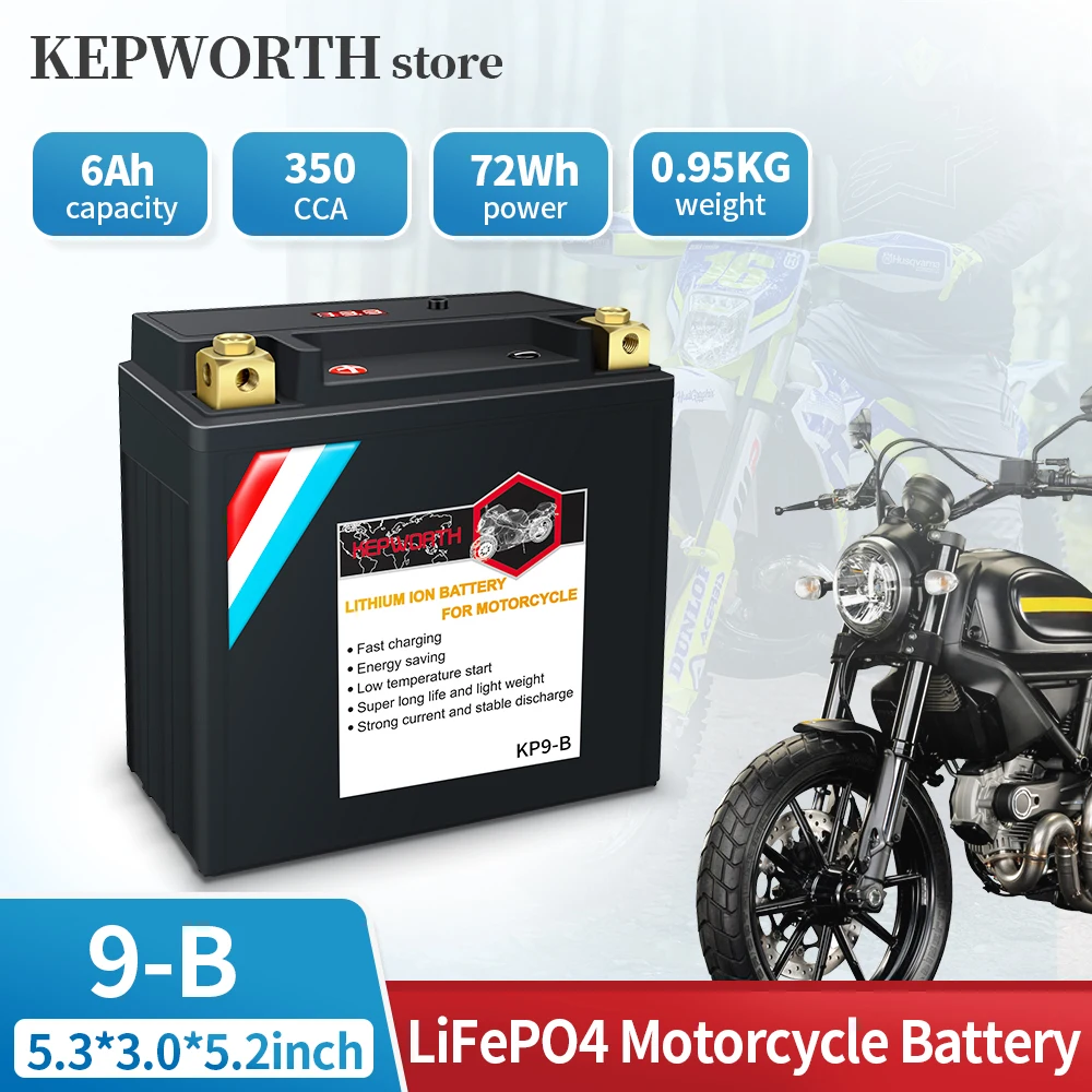 Batterie de démarrage pour moto KEPWORTH 9-B 12v 6ah au lithium LiFePO4, CCA 350A, batterie au phosphate de fer et de lithium avec BMS pour motos anciennes, VTT et tondeuses à gazon pour YB9A-A, YB9A-B, YB7-A, CB9-B, CB7-A