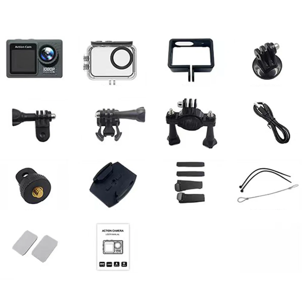 Cámara de pantalla dual 1080P 30FPS Cámara de grabación 120 grabadora de vídeo de ejercicio gran angular con kit de accesorios