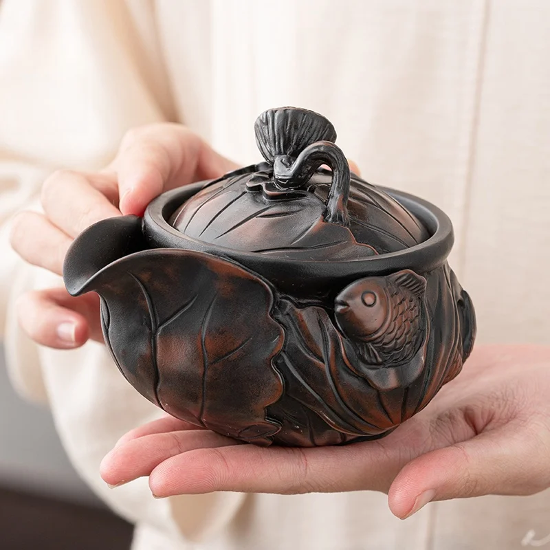 

Jianshui Purple Pottery Carving Teapot Hand Painted Antique Relief Teapot Household Teapot Kungfu Tea Set Kettle with gift box