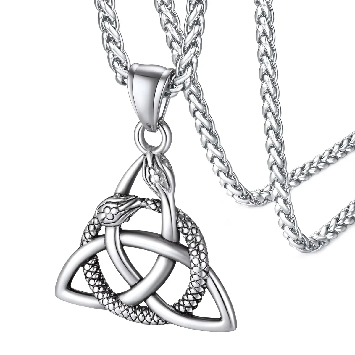 ChainsPro Men Women Vintage Irish Jewelry Snake Ouroboros Triangle Celtic Knot Triquetra Pendant Necklace Stainless Steel CP718